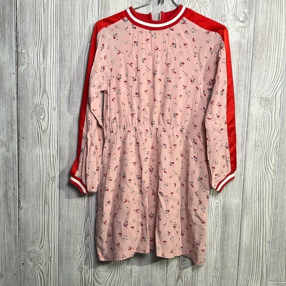 Mini Boden Dress Girls Floral Print Long Sleeve Red Pink Sz 9-10 year